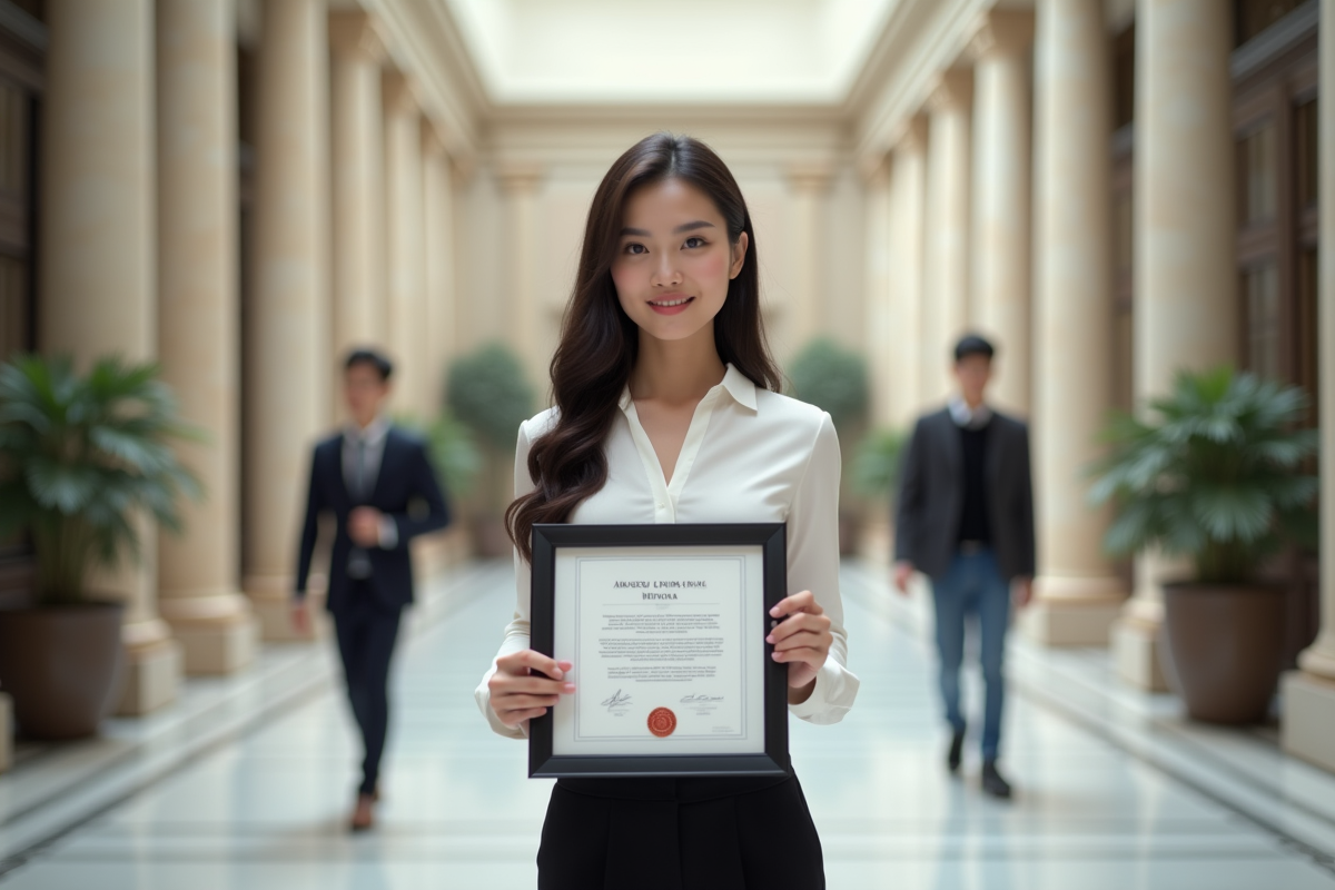 Jeune femme avec diplôme dans un hall universitaire