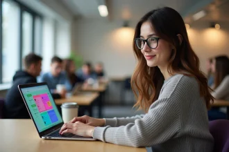 Jeune femme concentrée sur son ordinateur dans un espace universitaire