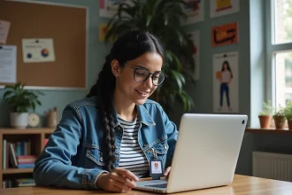 Jeune femme étudiante avec lunettes et tresse devant son ordinateur