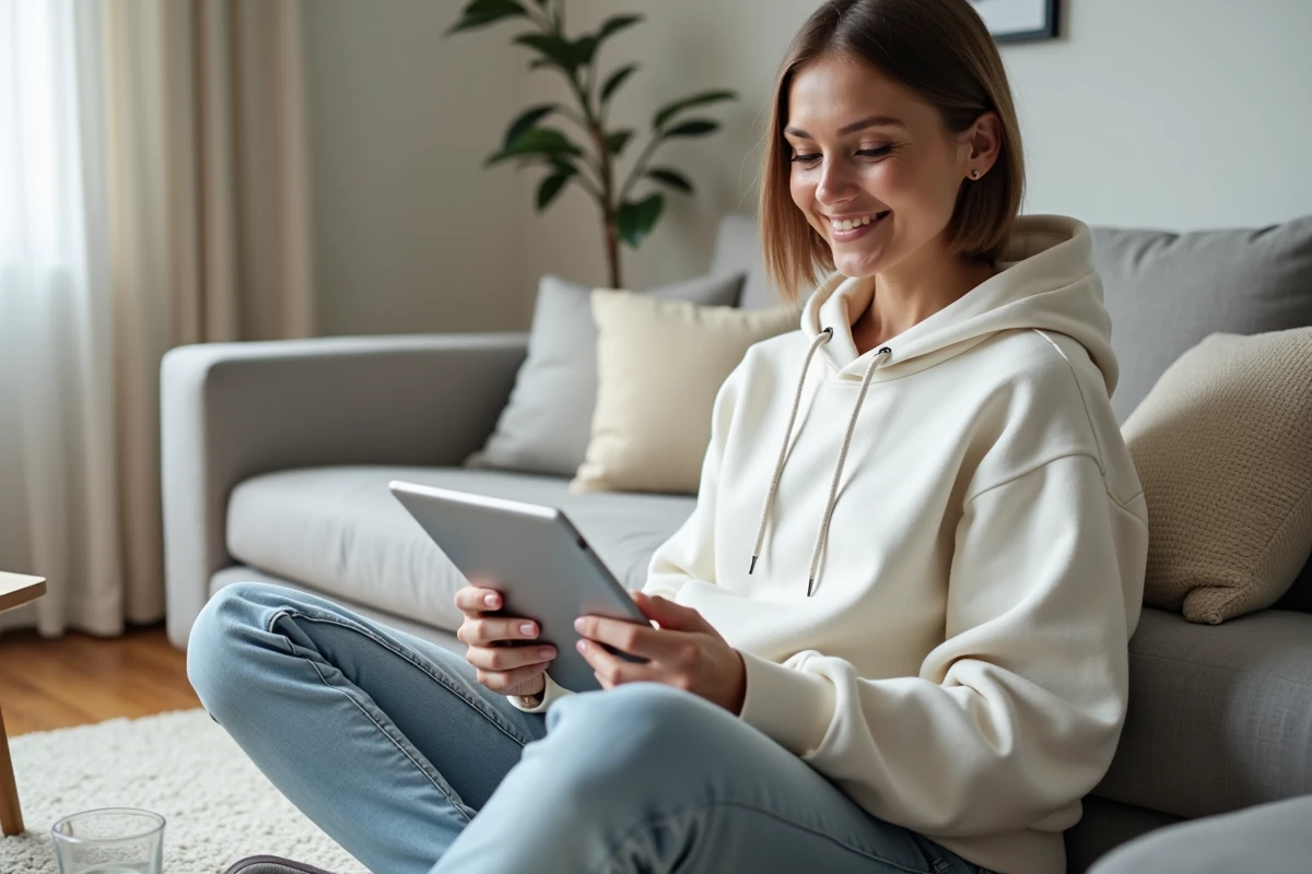 Jeune femme consultant son feed Instagram professionnel créé sur Canva sur une tablette dans un salon minimaliste