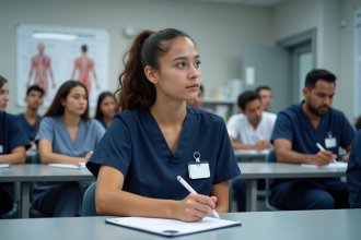 Jeune femme en blouse médicale prenant des notes en classe