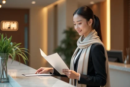 Jeune femme en uniforme d'hospitalite vérifiant un menu