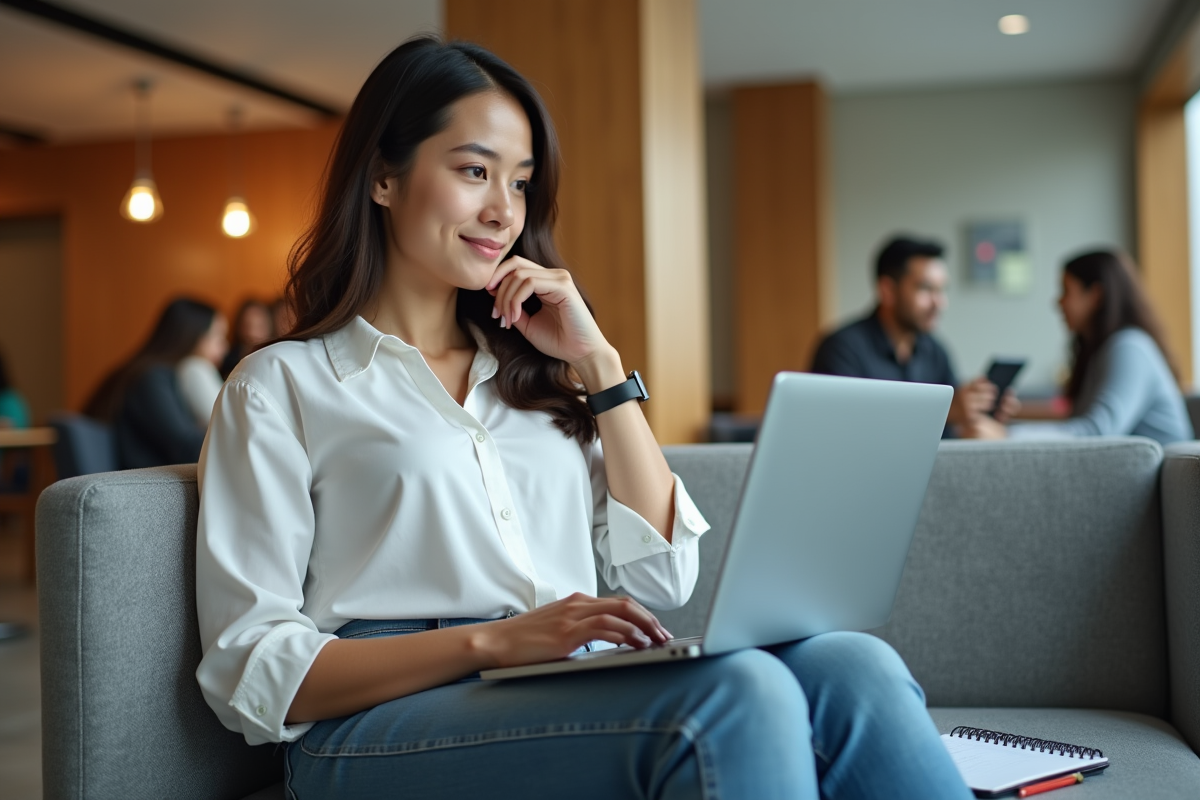 Jeune femme utilisant son ordinateur dans un salon universitaire