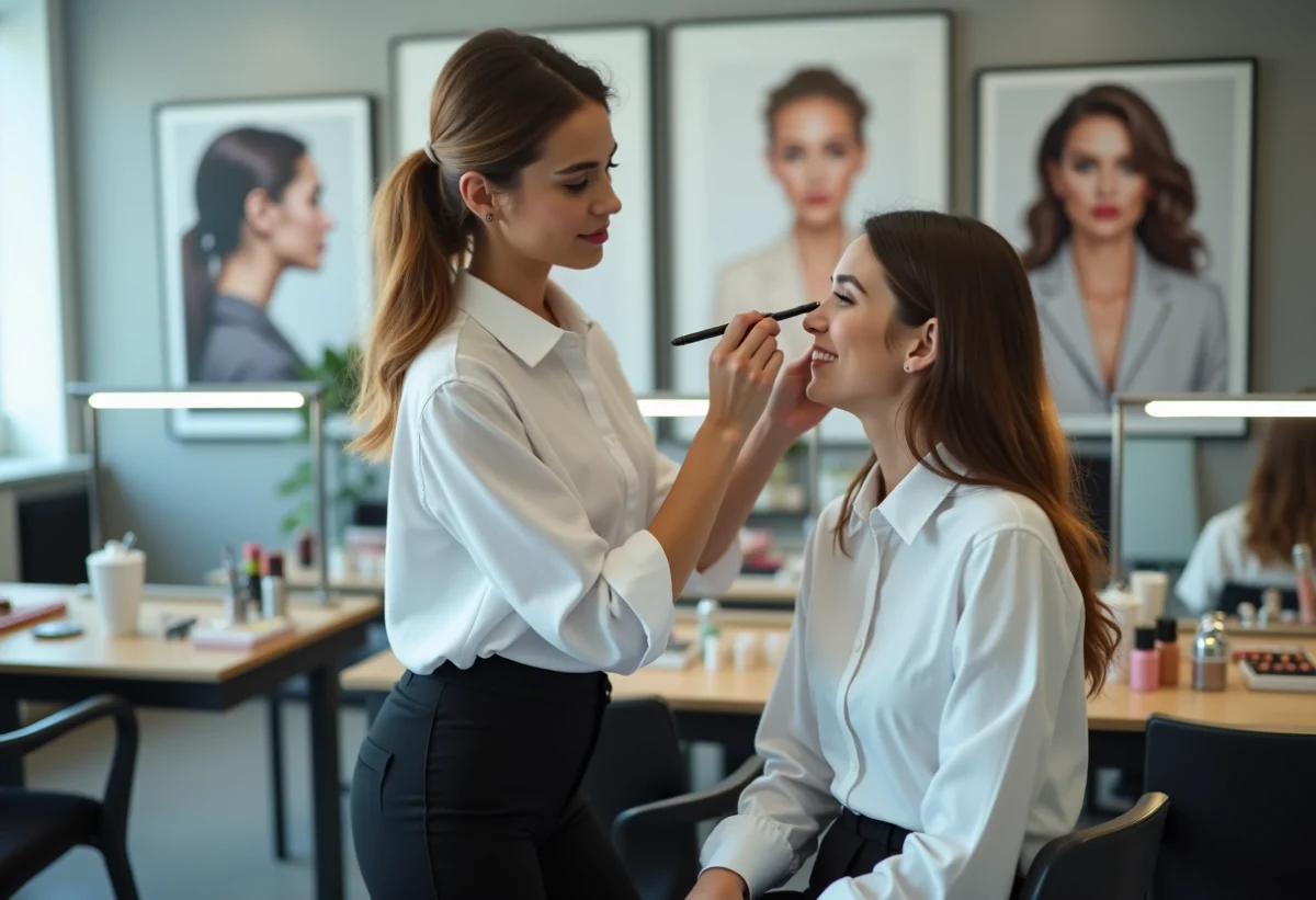 Jeune femme maquillant une étudiante dans une salle moderne