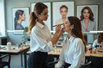 Jeune femme maquillant une étudiante dans une salle moderne