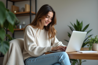 Jeune femme concentrée utilisant un ordinateur à la maison
