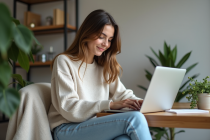 Jeune femme concentrée utilisant un ordinateur à la maison