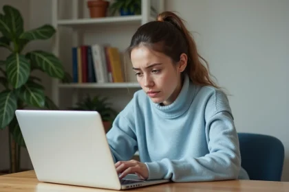 Jeune femme inquiète utilisant son ordinateur pour réinitialiser son mot de passe Mail Bordeaux