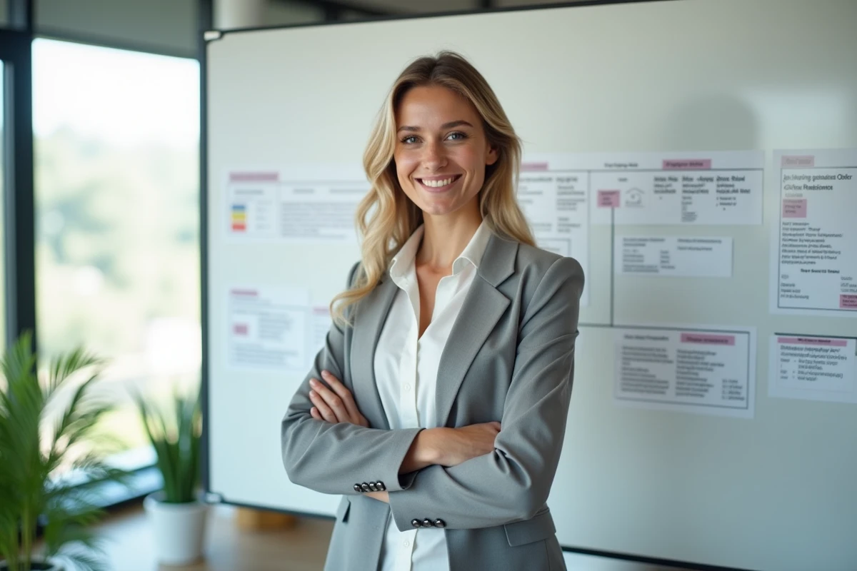 Jeune femme souriante présentant un tableau blanc