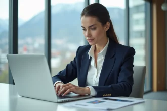 Jeune femme professionnelle au bureau avec CV et ordinateur