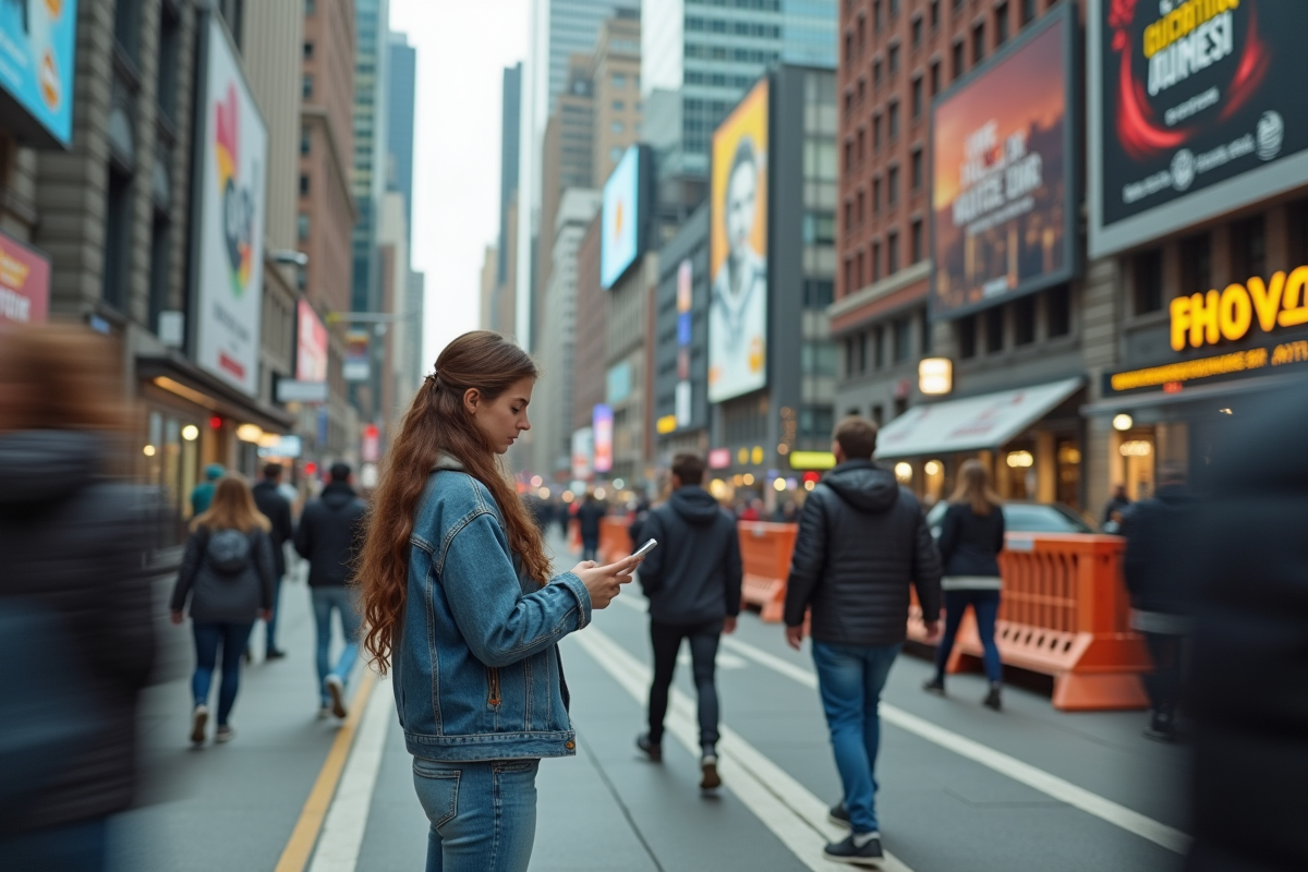 Jeune femme dans la rue urbaine vérifiant son téléphone