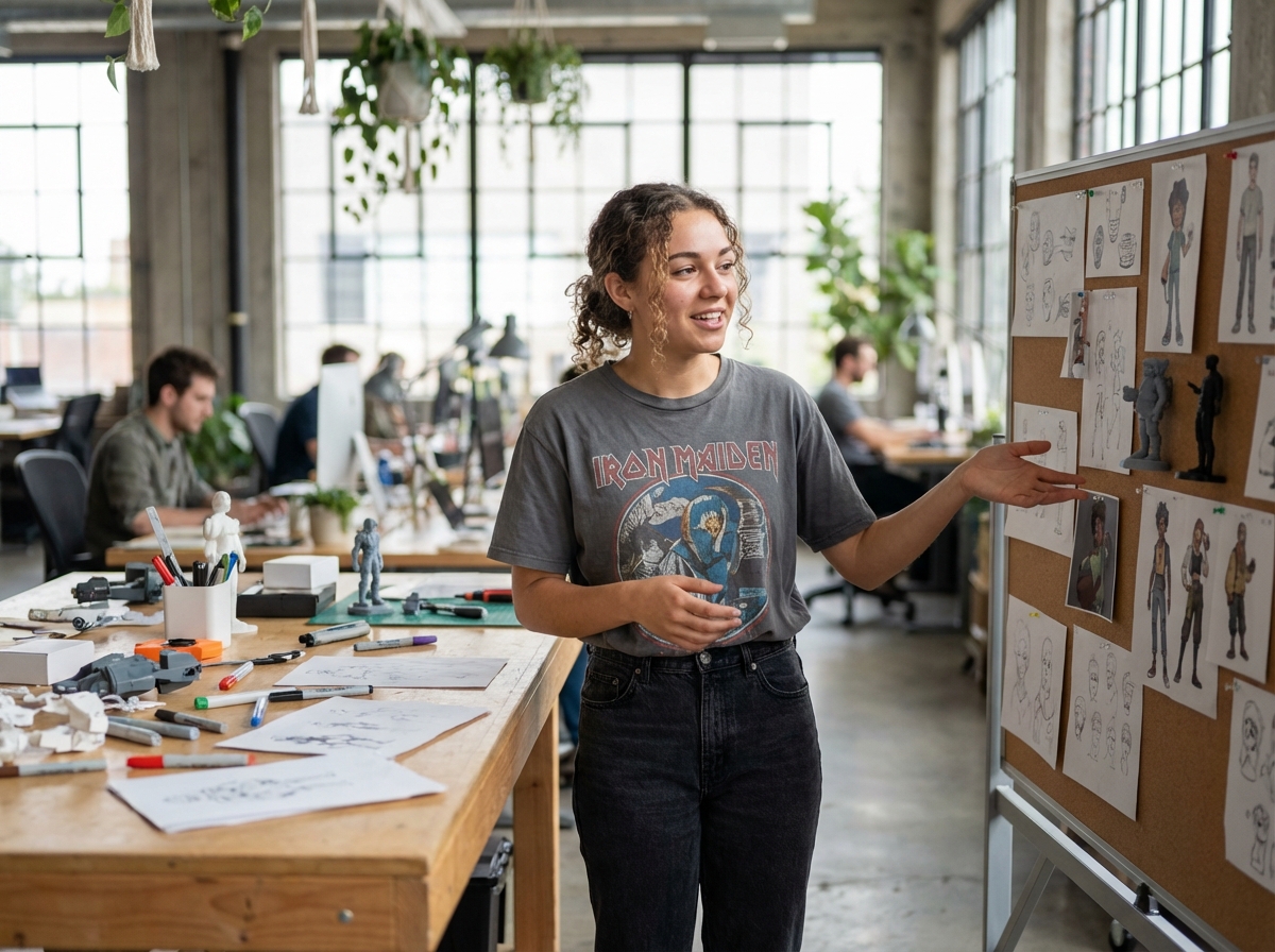 Jeune femme dans un studio créatif avec croquis et modèles 3D