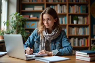 Jeune femme en étude d'allemand dans un bureau cosy