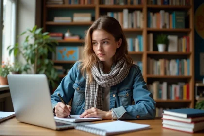 Jeune femme en étude d'allemand dans un bureau cosy