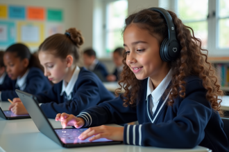 Jeune fille en uniforme avec casque utilisant une tablette AI