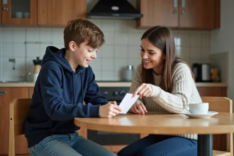 Jeune garçon et mère regardant une carte d'étudiant à la maison