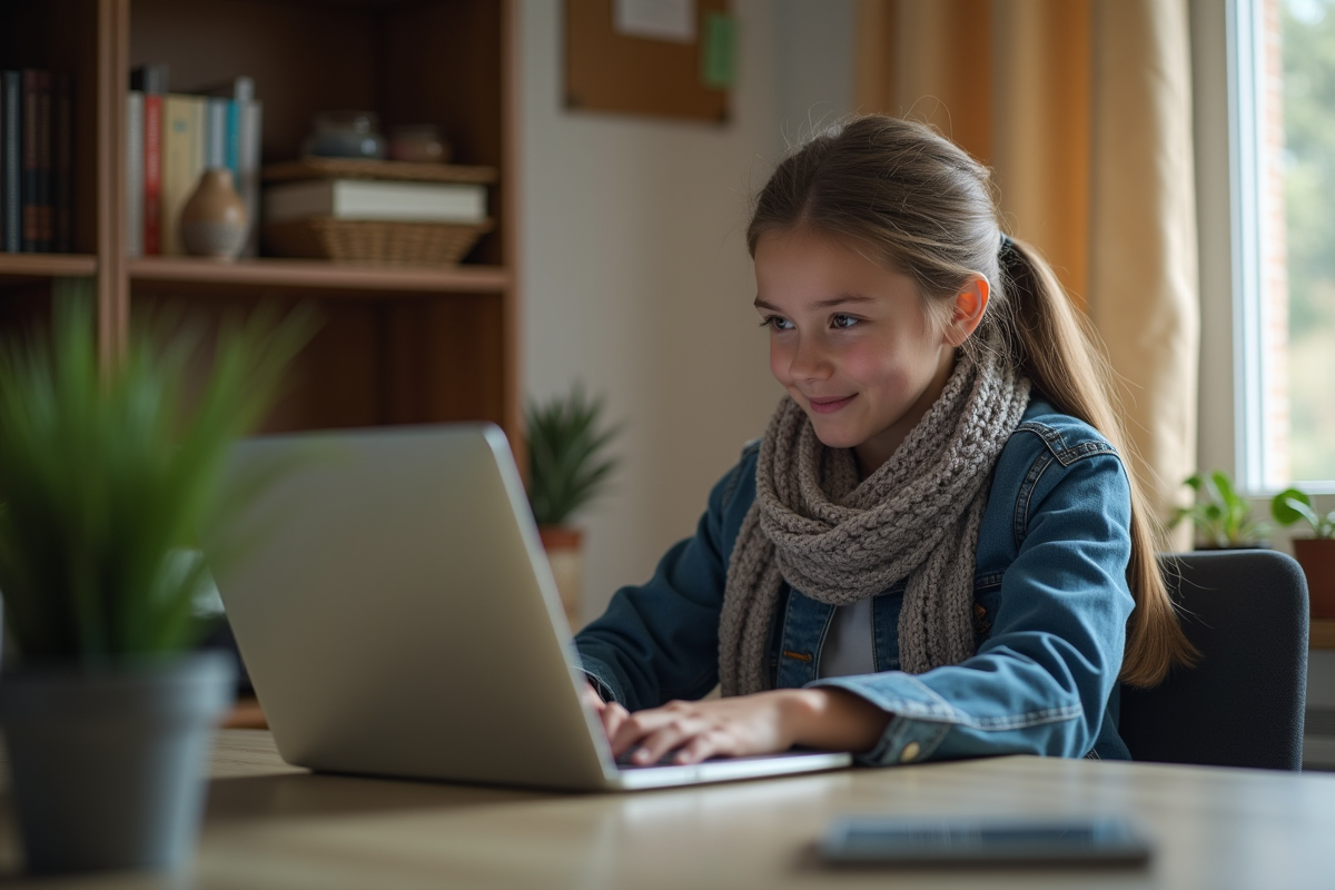 Jeune fille concentrée sur son ordinateur dans un bureau cosy