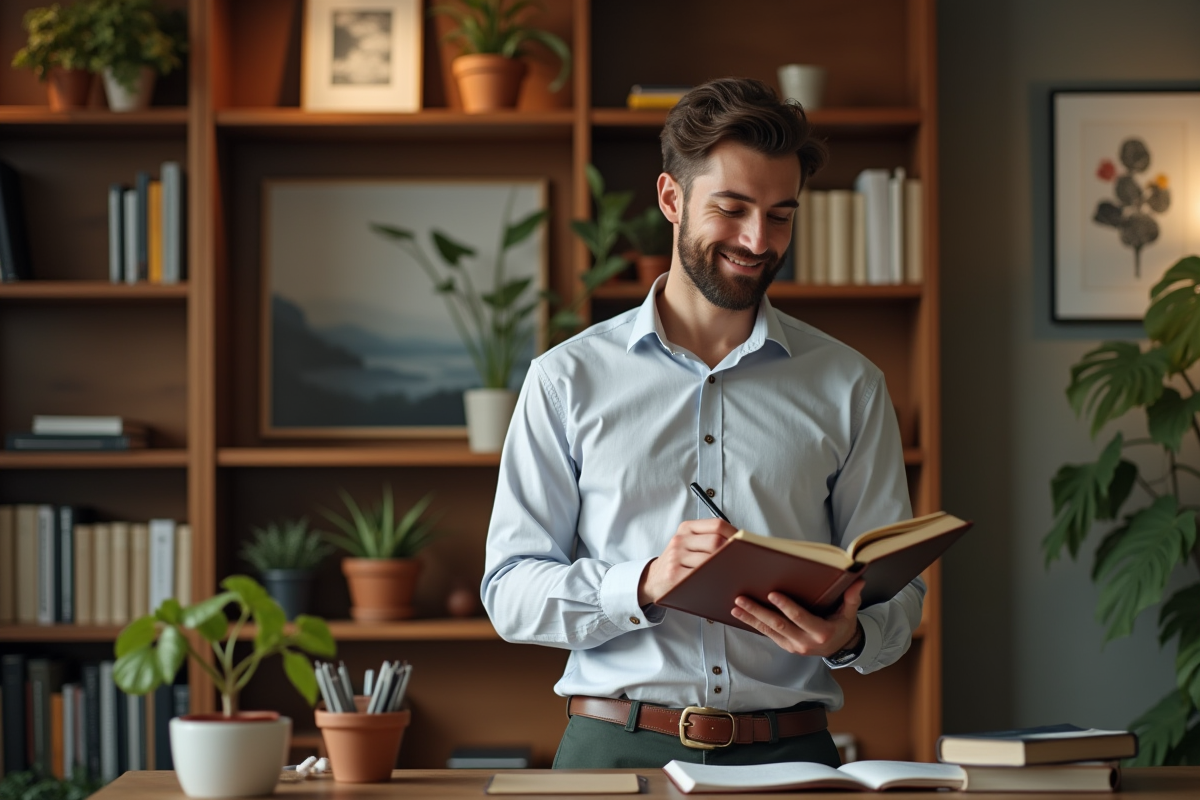 Jeune homme souriant dans un bureau à domicile