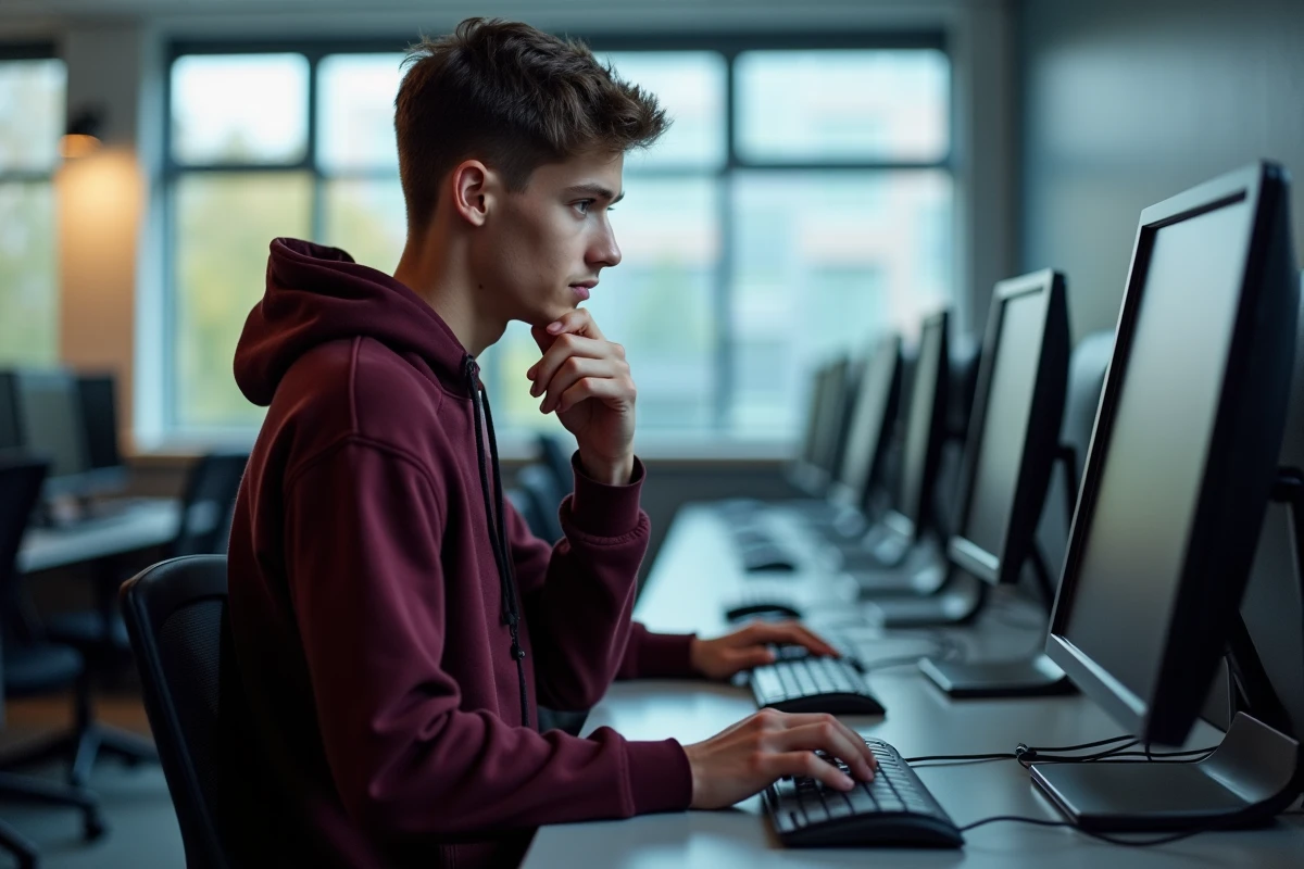 Jeune homme en hoodie dans un laboratoire informatique universitaire