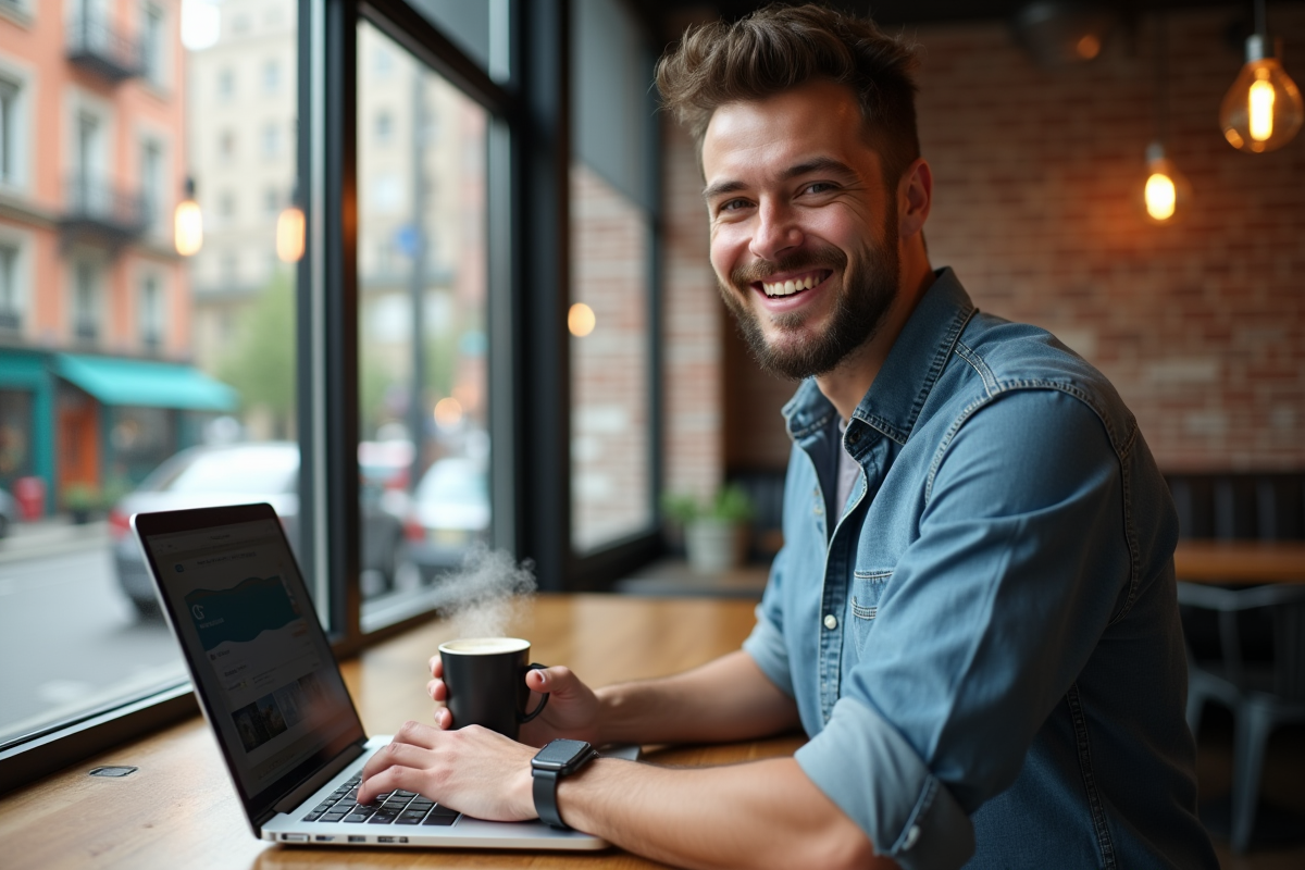 Jeune homme au café en ville avec ordinateur portable
