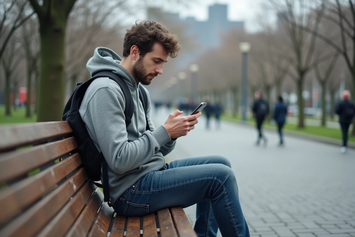 Jeune homme utilisant son smartphone sur un banc de parc
