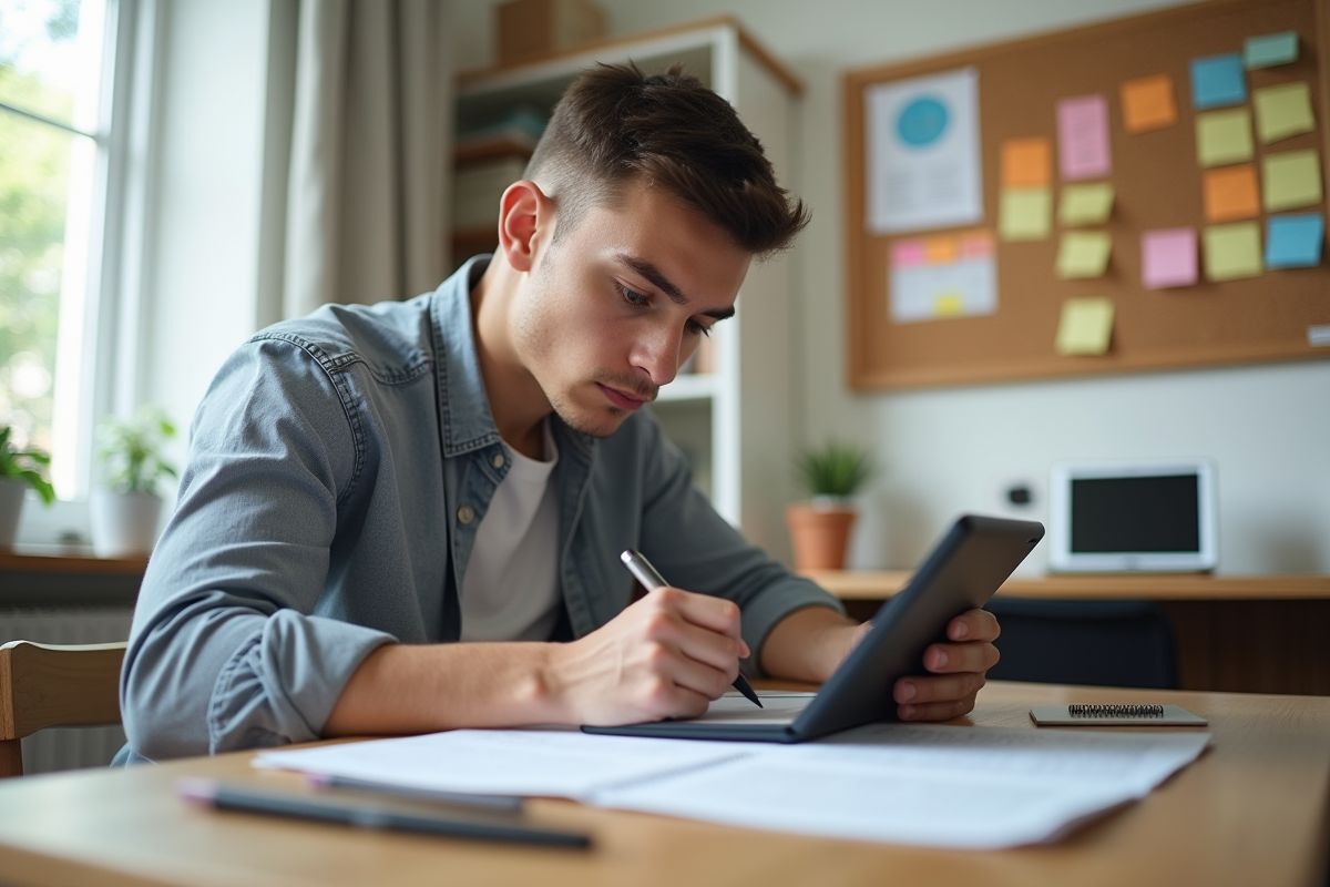 Jeune homme travaillant seul à son bureau à la maison