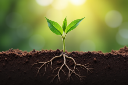 Jeune plante verte poussant dans la terre sèche avec racines visibles