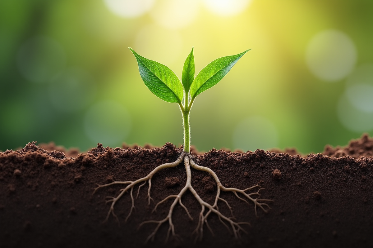 Jeune plante verte poussant dans la terre sèche avec racines visibles
