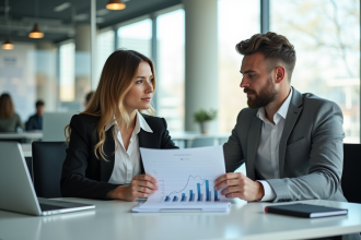 Jeune femme et homme au bureau avec graphique en croissance