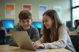 Adolescents souriants dans un laboratoire informatique scolaire