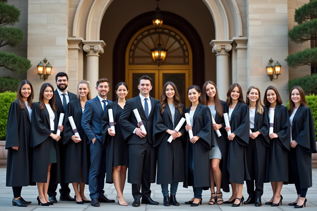 Groupe de jeunes diplômés devant un hotel de luxe