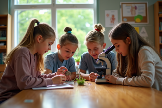 Quatre adolescents explorent des objets scientifiques en classe