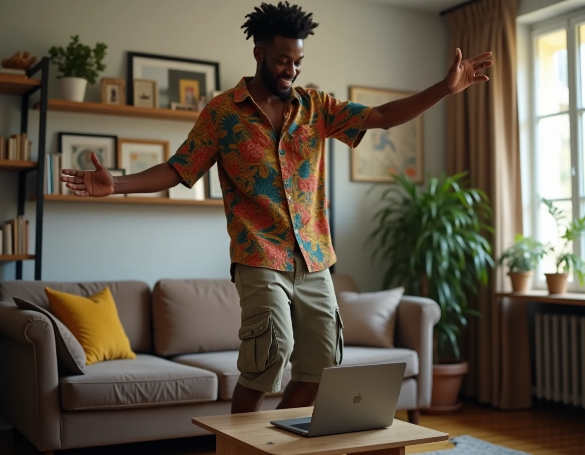 Homme pratiquant le Kuduro seul chez lui en suivant un tutoriel vidéo sur ordinateur portable