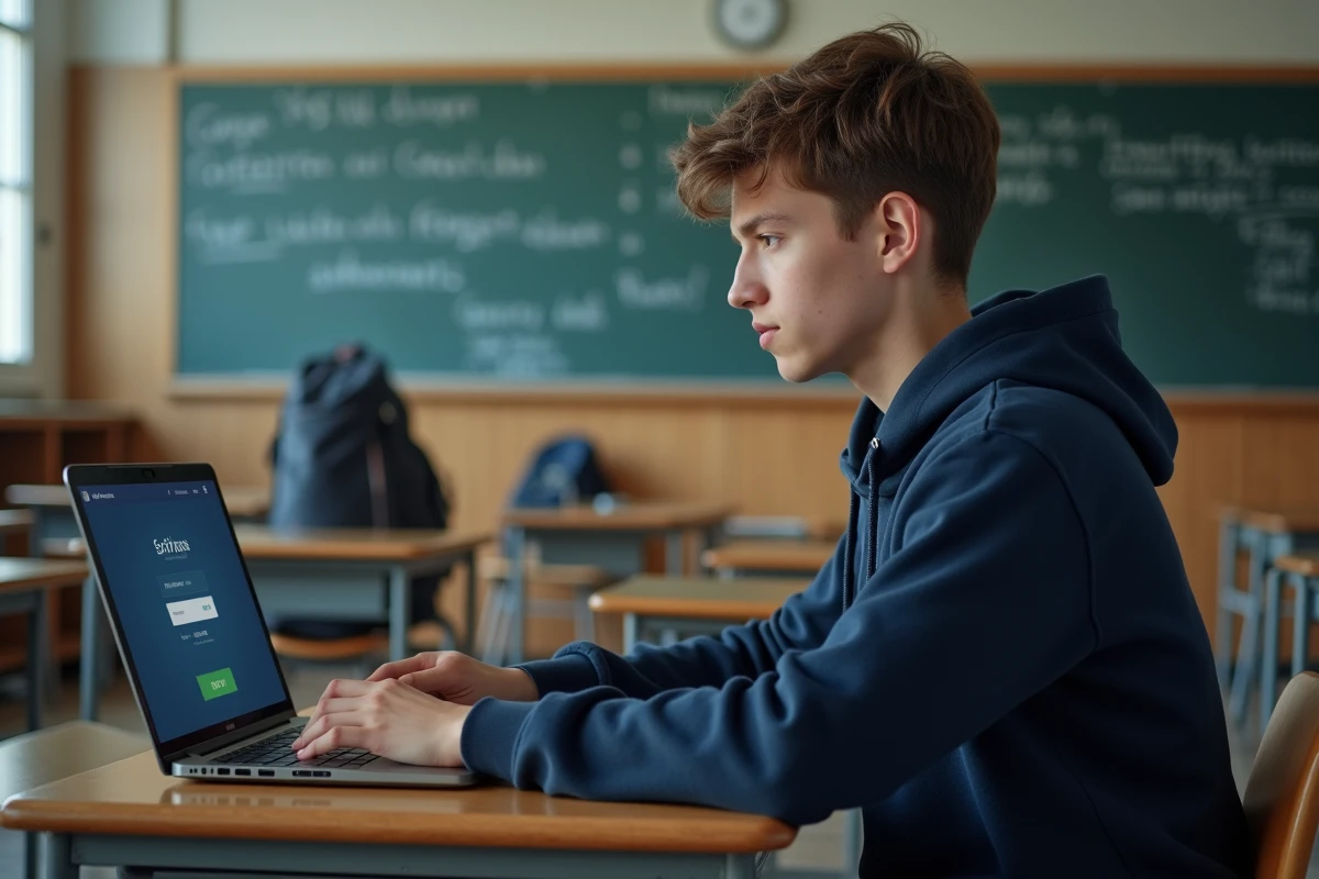 Lycéen connecté au portail PSN Mon Lycée sur un ordinateur portable dans une salle de classe française