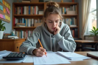 Lycéenne calculant sa moyenne avec coefficient au bureau pour le Bac 2026