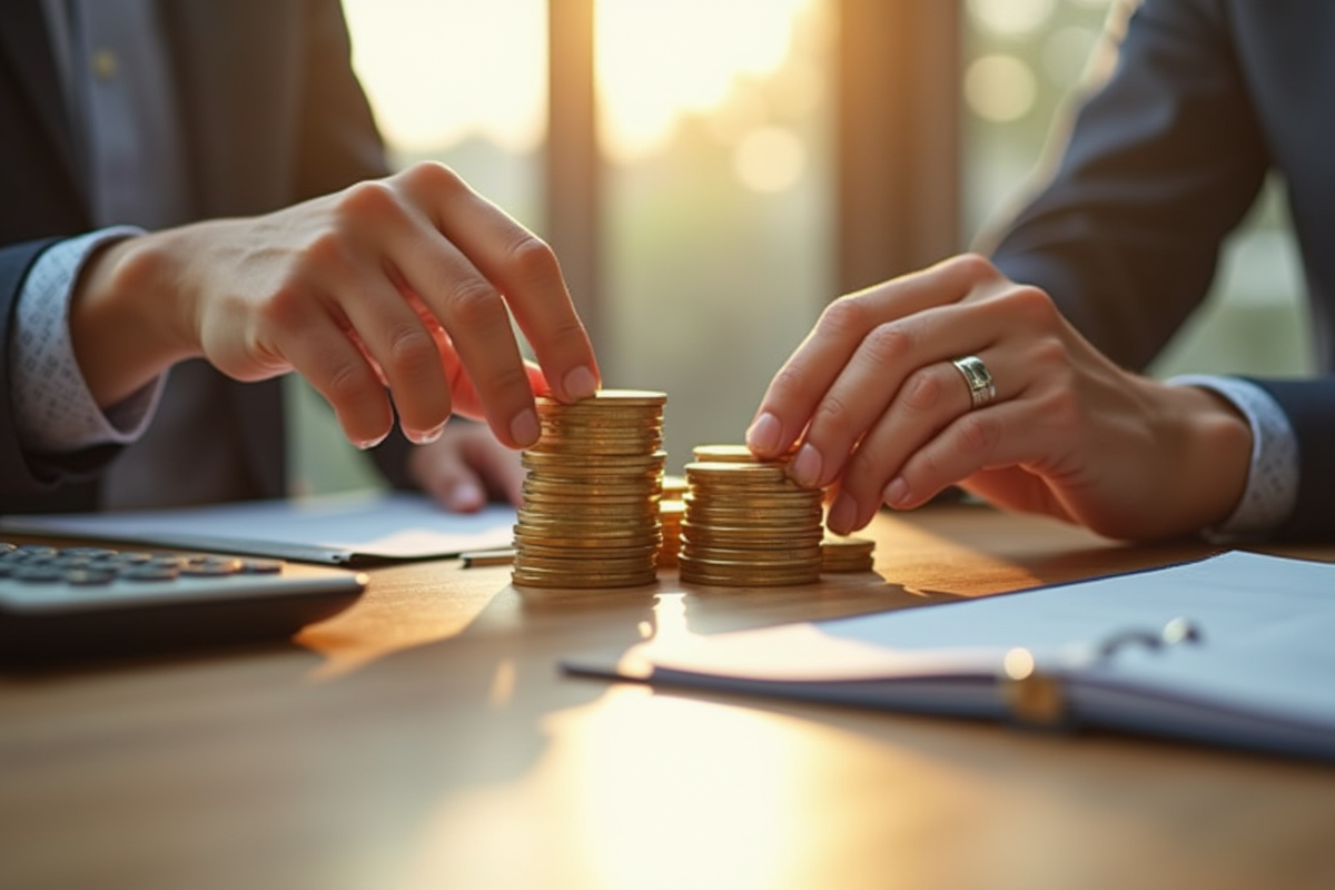 Mains empilant des pièces d