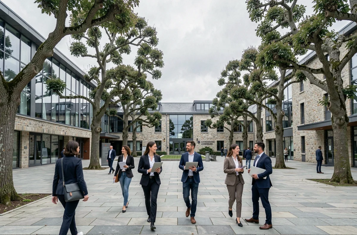 Vue panoramique d'un campus d'école de commerce en Bretagne avec des étudiants traversant une cour moderne