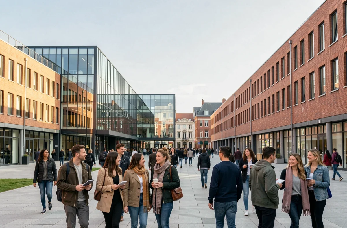 Vue d'ensemble d'un campus d'école de commerce dans les Hauts-de-France avec des étudiants dynamiques