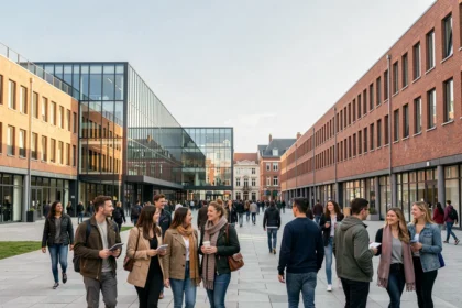 Vue d'ensemble d'un campus d'école de commerce dans les Hauts-de-France avec des étudiants dynamiques
