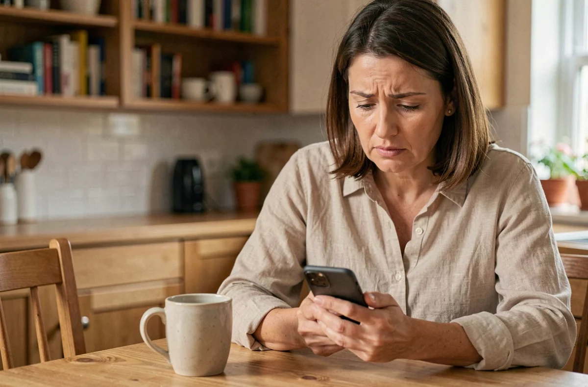 Mère consultant l'application de suivi scolaire IENT sur son smartphone à la maison