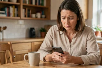 Mère consultant l'application de suivi scolaire IENT sur son smartphone à la maison