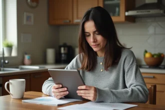 Mère de famille consultant l'application SCOLAWEB sur une tablette dans sa cuisine, illustrant la communication numérique école-parents en 2026