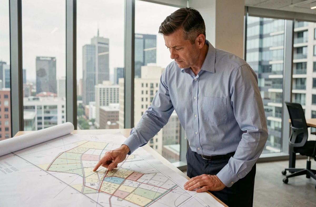 Urbaniste analysant des plans de zonage dans un bureau moderne, illustrant les métiers en Z à fort recrutement pour 2026