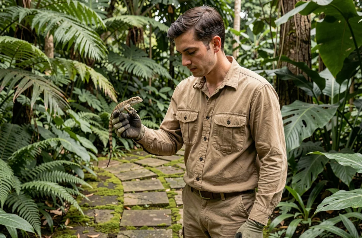 Zoologiste en début de carrière tenant un reptile dans un jardin botanique, illustrant les métiers en Z qui recrutent en 2026