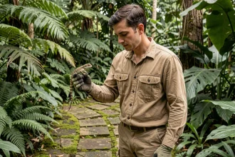 Zoologiste en début de carrière tenant un reptile dans un jardin botanique, illustrant les métiers en Z qui recrutent en 2026