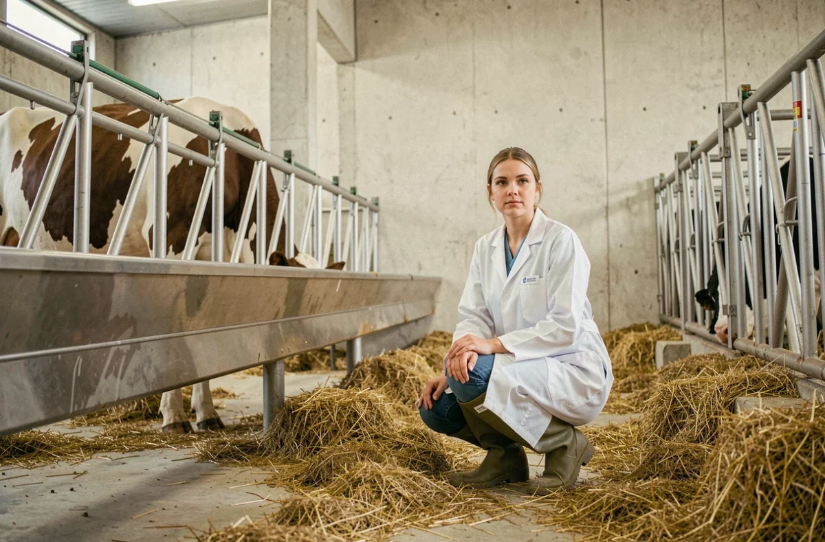 Zootechnicienne dans un élevage moderne inspectant une vache laitière, représentant les opportunités d'emploi dans les métiers en Z en 2026