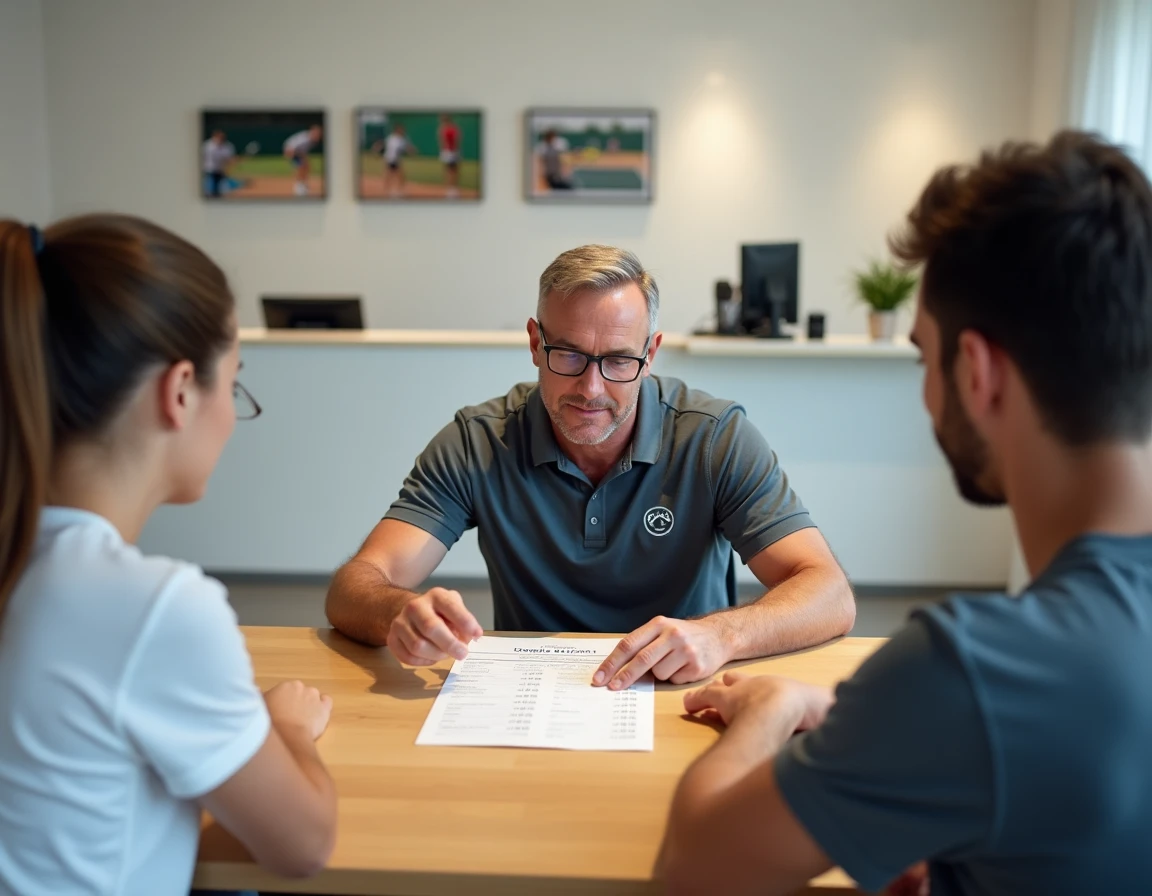 Moniteur de tennis expliquant le contenu d'un stage tout compris à deux stagiaires adultes dans une salle de club sportif
