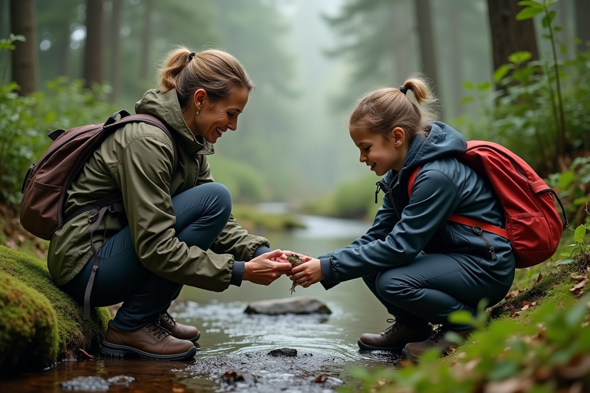 Naturaliste relâchant une grenouille dans la forêt avec enfants
