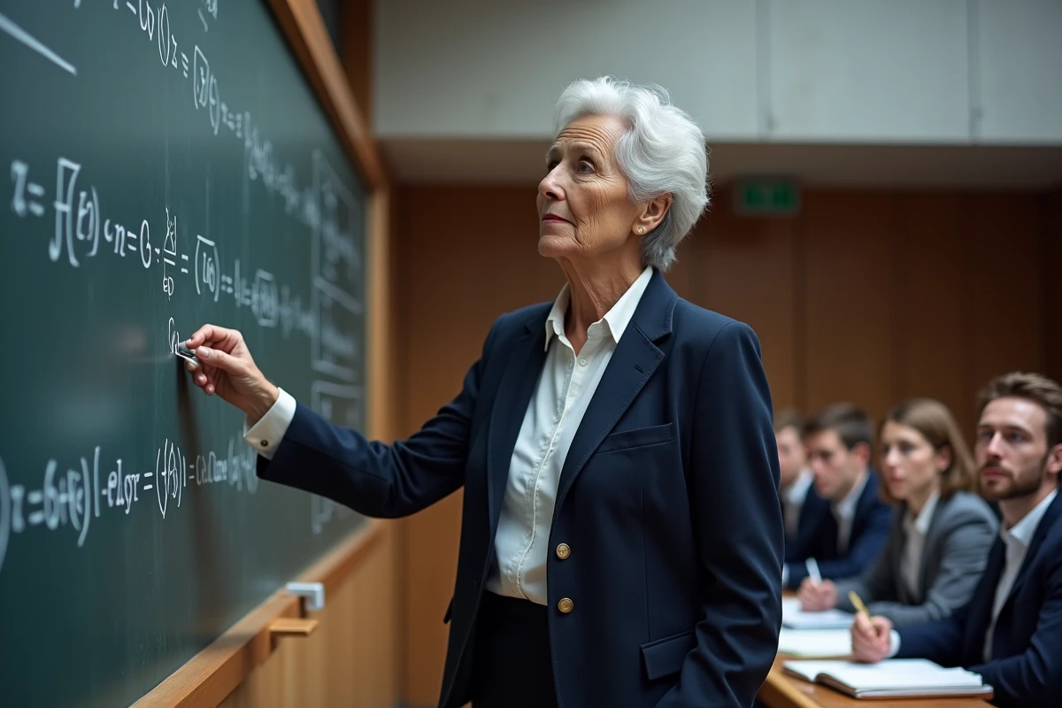 Nicole Karoui, mathématicienne pionnière des mathématiques financières, devant un tableau d'équations de calcul stochastique dans un amphithéâtre universitaire moderne en 2026