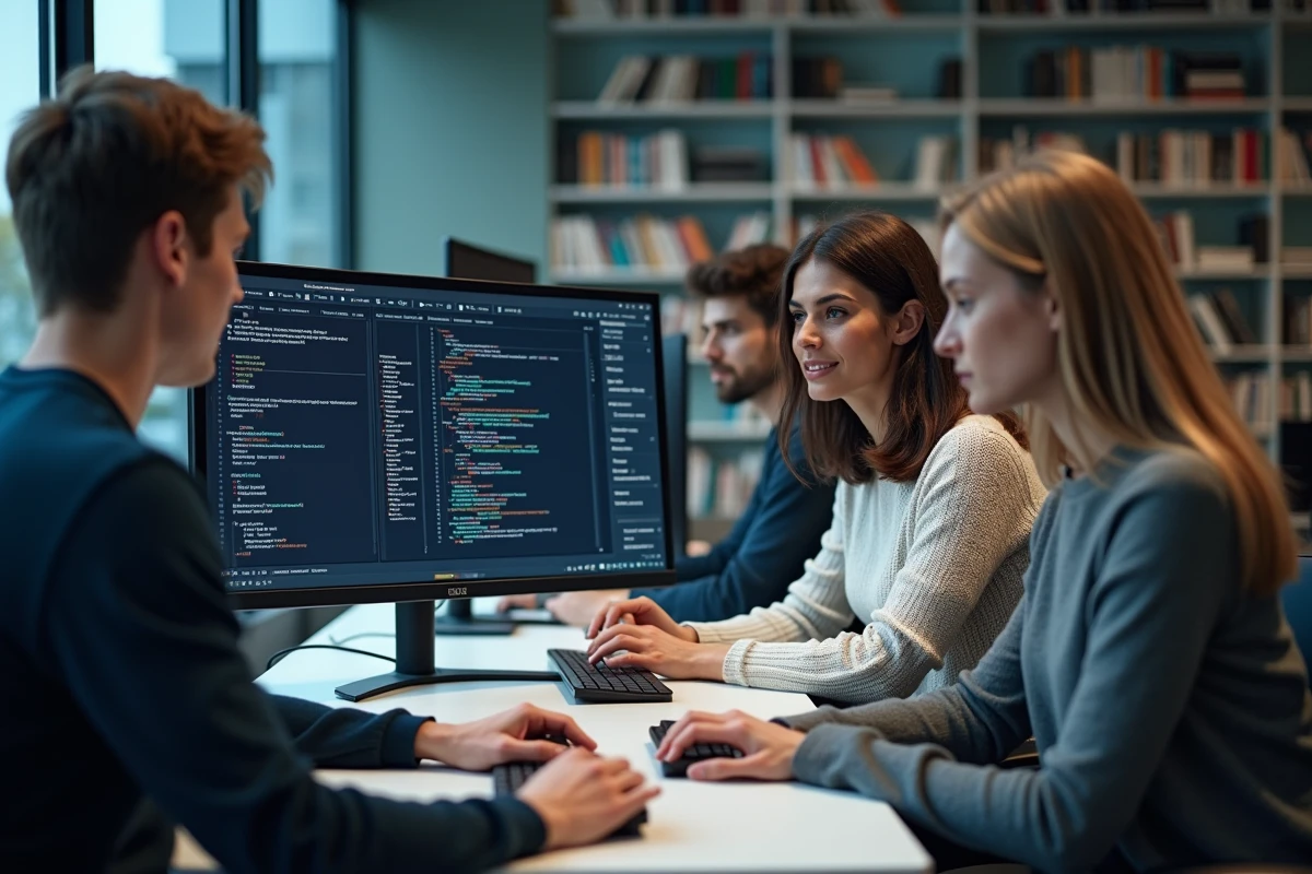 Nouvelle génération de quants, jeunes étudiants en finance quantitative travaillant sur des modèles de volatilité et du code Python dans un laboratoire universitaire moderne en 2026